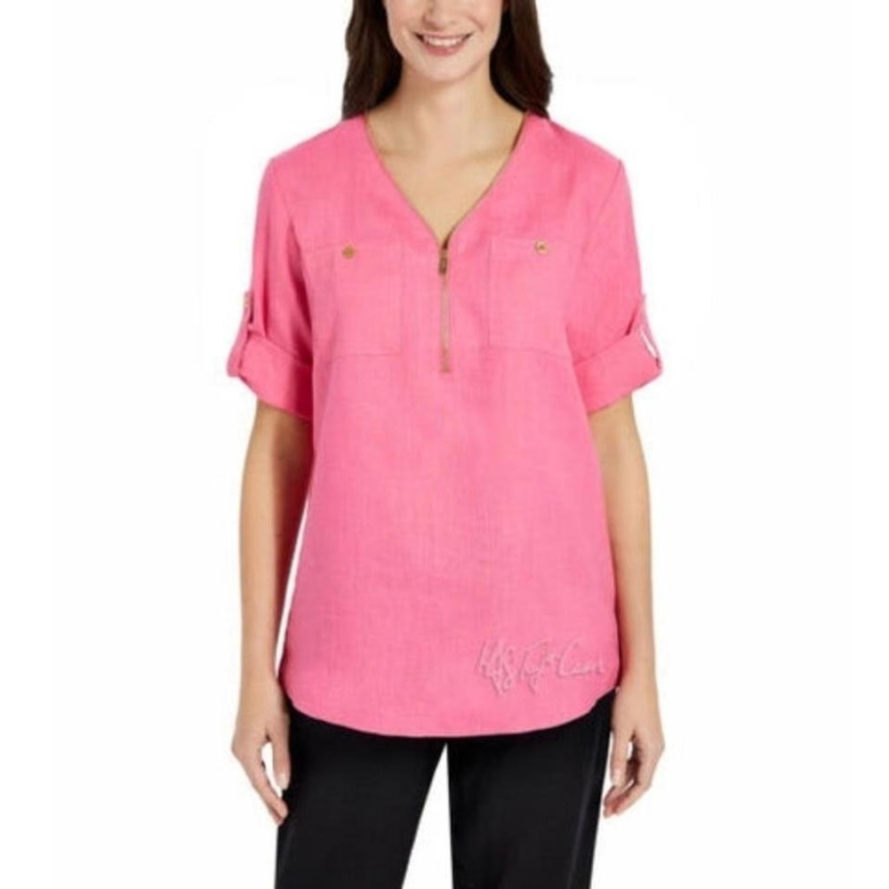 NWT: Ellen Tracy Peony Pink Linen Blend Zip Front Roll Tab Sleeve Tunic Top XL